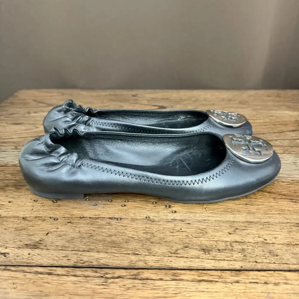 Tory Burch Black Leather Logo Reva Ballet Flats with Silver Emblem Discs